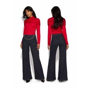White House Black Market Extra High Rise Wide Leg Jean Chain Detail Dark Wash